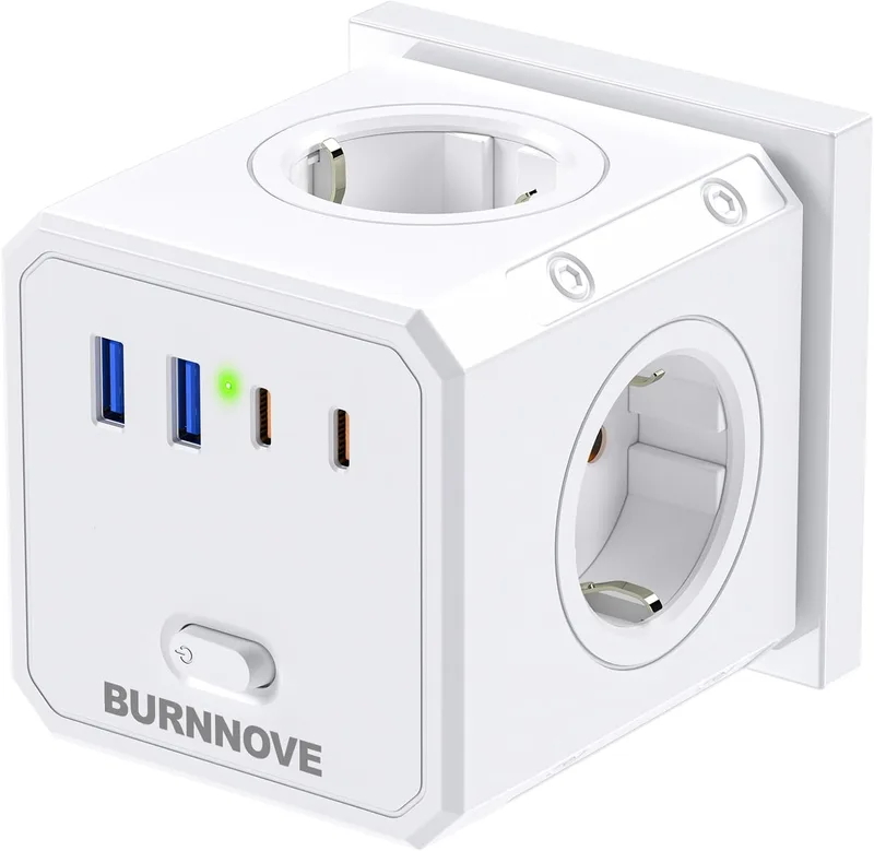 BURNNOVE ▫️ 8 em 1 Tomada de parede em cubo Thief 4000W Tomada de parede múltipla em cubo com 4 AC e 4 USB Tomada de parede múltipla em cubo com interrutor para casa, escritório e viagens