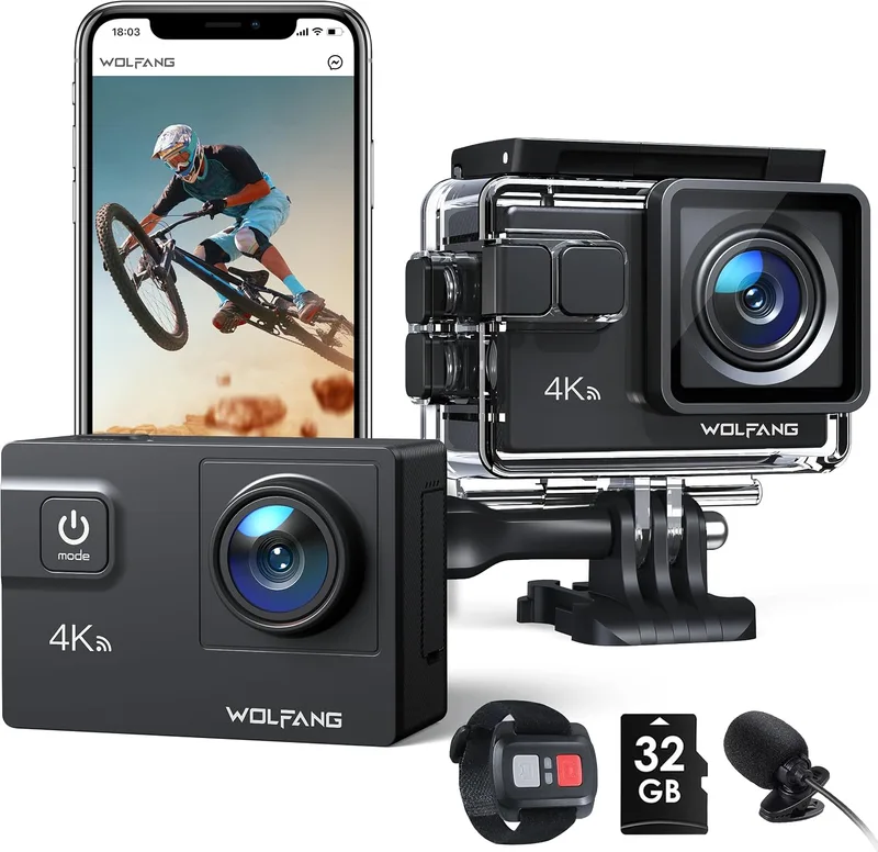 WOLFANG ▫️ GA300 Câmara de ação 4K, subaquática, à prova de água até 40 m, com cartão de 32 GB, Wi-Fi, 60 FPS, 24 MP, zoom de 8x + grande angular de 170°, EIS, comando de 2,4 GHz, Ecrã Tátil, 2 Baterias de 1350 mAh
