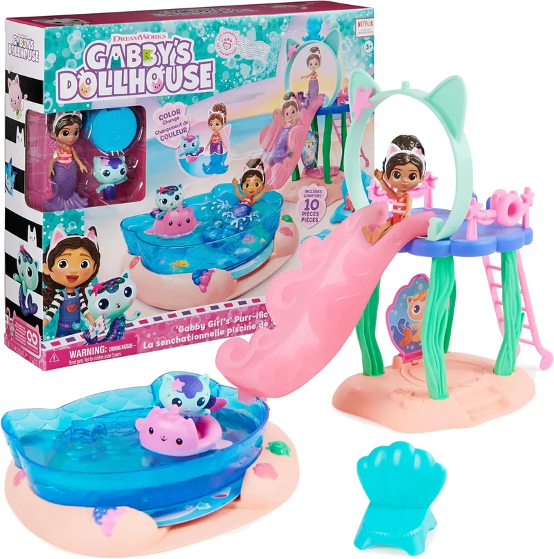 DREAMWORKS GABBY'S DOLLHOUSE ▫️ GABBY'S DOLL HOUSE - Piscina com Gabby e Siregata, caudas de sereia que mudam de cor e acessórios para a piscina - 6067878 - Brinquedos para meninas 3 anos + Prenda Menina 3 anos +