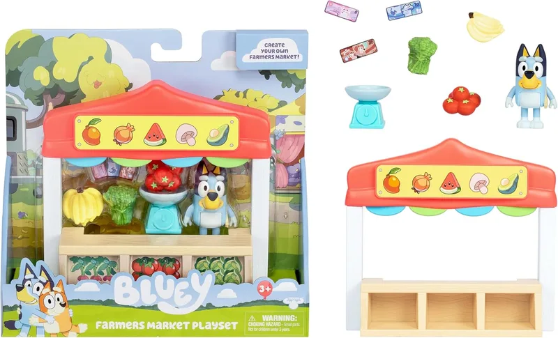 moose toys ▫️ Conjunto de brinquedos «Mercado de Frutas e Legumes da Bluey», inclui uma figura articulada da Bluey com um saco de compras e acessórios