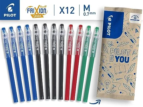 PILOT ▫️ Caixa de 12 canetas FriXion Ball Stick - Tinta de gel apagável - 4 azuis, 4 pretas, 2 vermelhas, 2 verdes - Ponta média 3