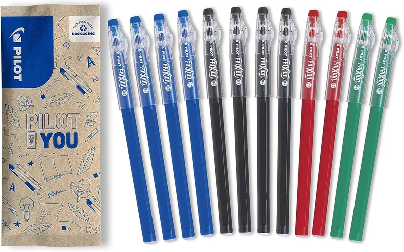 PILOT ▫️ Caixa de 12 canetas FriXion Ball Stick - Tinta de gel apagável - 4 azuis, 4 pretas, 2 vermelhas, 2 verdes - Ponta média