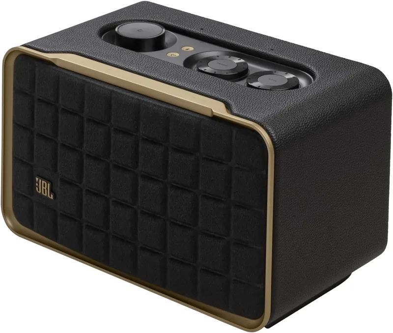 JBL ▫️ Authentics 200, altifalante inteligente com tecnologia Bluetooth, design retro, grelha cinzenta, Wi-Fi integrado, Google Assistant, Amazon Alexa, AirPlay, aplicação One, preto