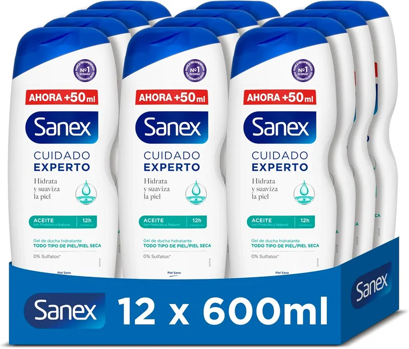 Sanex ▫️ Gel de duche Expert Care Oil, embalagem de 12 x 600 ml, gel de banho para peles secas, limpa suavemente, hidrata e suaviza a pele, complexo prebiótico e pós-biótico, 12 horas de hidratação