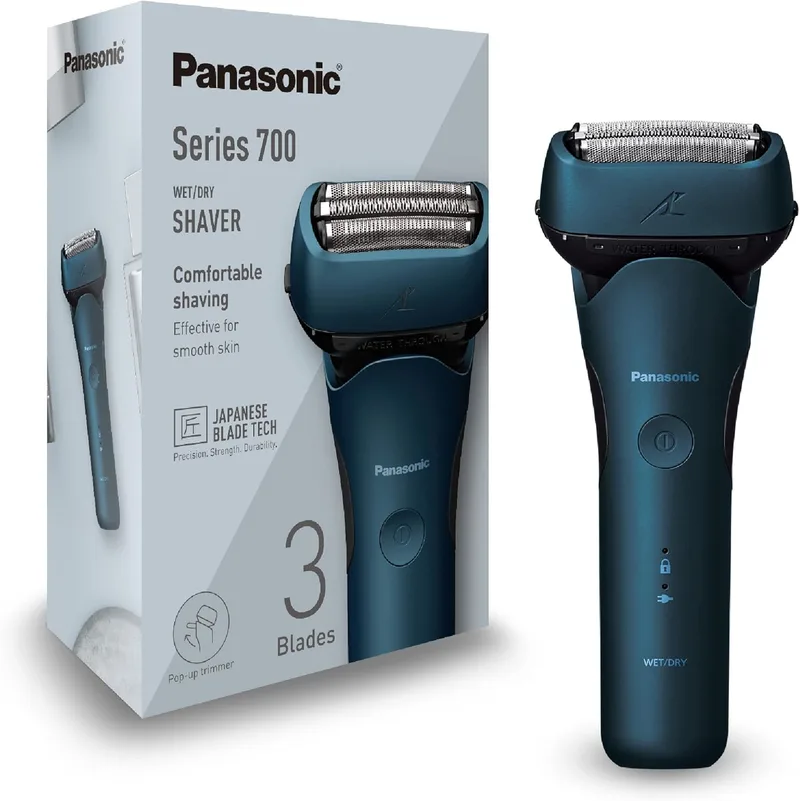 Panasonic ▫️ Série 700 ES-ALT4B Máquina de barbear elétrica de 3 lâminas para uso a seco e a húmido para homem, sem fios, à prova de água, com sensor de detecção, cabeça flexível, aparador, pega ergonómica, azul