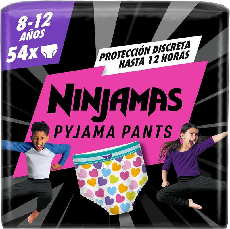DODOT ▫️ Ninjamas Fralda-pijama com corações, 54 fraldas-pijama, 8-12 anos, 27 kg-43 kg, proteção contra fugas durante toda a noite | Proteção contra fugas durante toda a noite, design absorvente para a urina noturna, veste-se como uma cueca