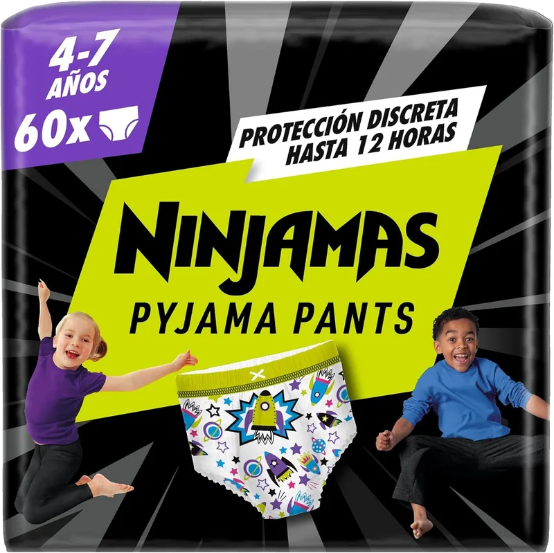 DODOT ▫️ Ninjamas Fralda-calcinha para pijama com naves espaciais, 60 fraldas-calcinha para pijama, 4-7 anos, 17 kg-30 kg, proteção contra fugas durante toda a noite | Proteção contra fugas durante toda a noite, design absorvente para a urina noturna, veste-se como uma cueca