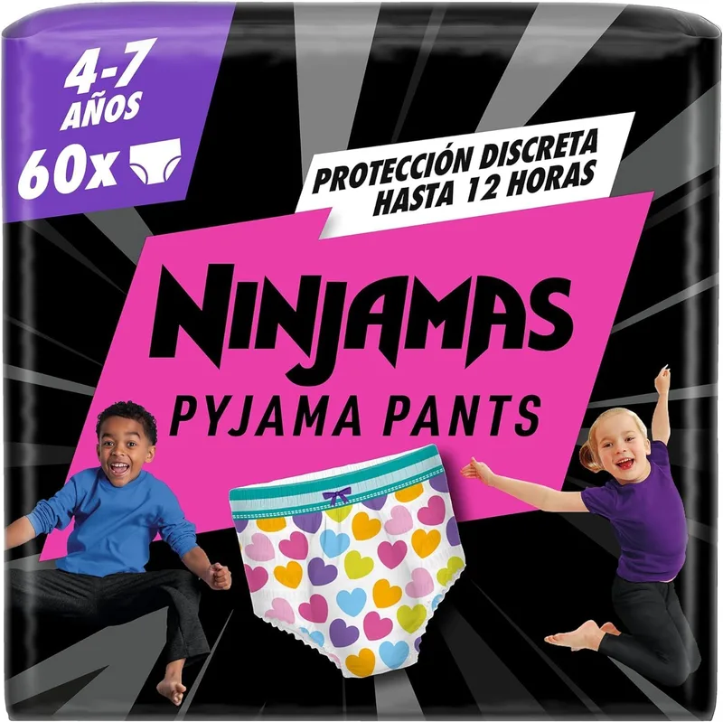 DODOT ▫️ Ninjamas Fralda-calça, tamanho 4-7 anos (17-30 kg), 60 fraldas-calça, fralda nocturna com corações, proteção contra fugas durante toda a noite