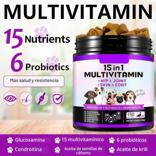 Bieyoc ▫️ 15 em 1 Gomas Multivitamínicas, 150 Vitaminas Mastigáveis para Cães, Suplementos para as Anca e Articulações, Sistema Imunitário, Pele e Pelo, Para Todas as Idades e Raças, Sabor a Pato 2