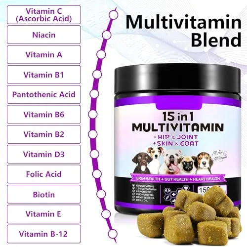 Bieyoc ▫️ 15 em 1 Gomas Multivitamínicas, 150 Vitaminas Mastigáveis para Cães, Suplementos para as Anca e Articulações, Sistema Imunitário, Pele e Pelo, Para Todas as Idades e Raças, Sabor a Pato 3