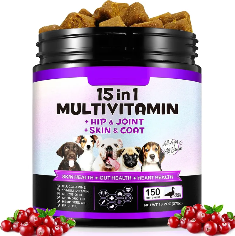 Bieyoc ▫️ 15 em 1 Gomas Multivitamínicas, 150 Vitaminas Mastigáveis para Cães, Suplementos para as Anca e Articulações, Sistema Imunitário, Pele e Pelo, Para Todas as Idades e Raças, Sabor a Pato
