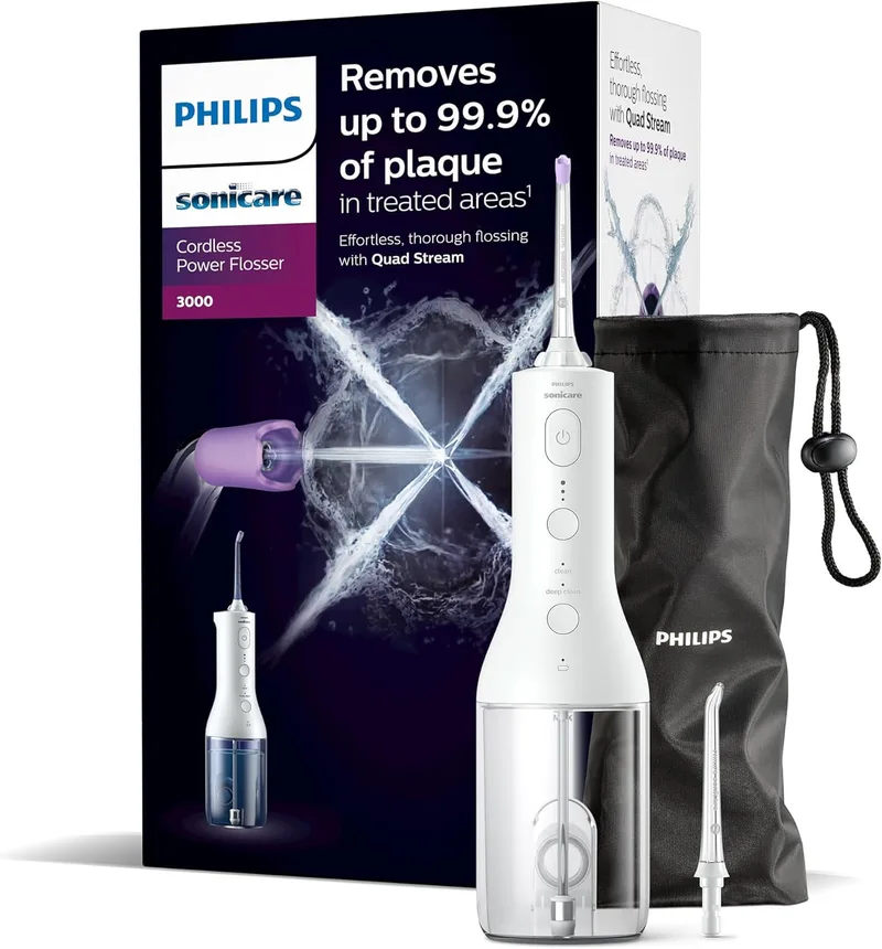 PHILIPS ▫️ Sonicare Irrigador oral Power Flosser 3000 sem fios com tecnologia Quad Stream e Pulse Wave, HX3826/31, Preto, 3000, Branco