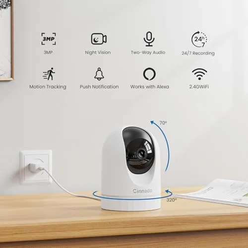 Cinnado ▫️ Câmara de vigilância 2K Wi-Fi para interiores, com visão de 360° e gravação contínua 2