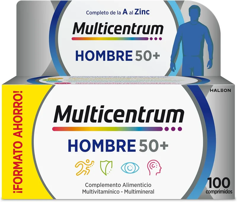 MULTICENTRUM ▫️ Men 50+ Suplemento alimentar multivitamínico e multimineral para homens com mais de 50 anos, com vitamina C, B, A, sem glúten, 100 comprimidos