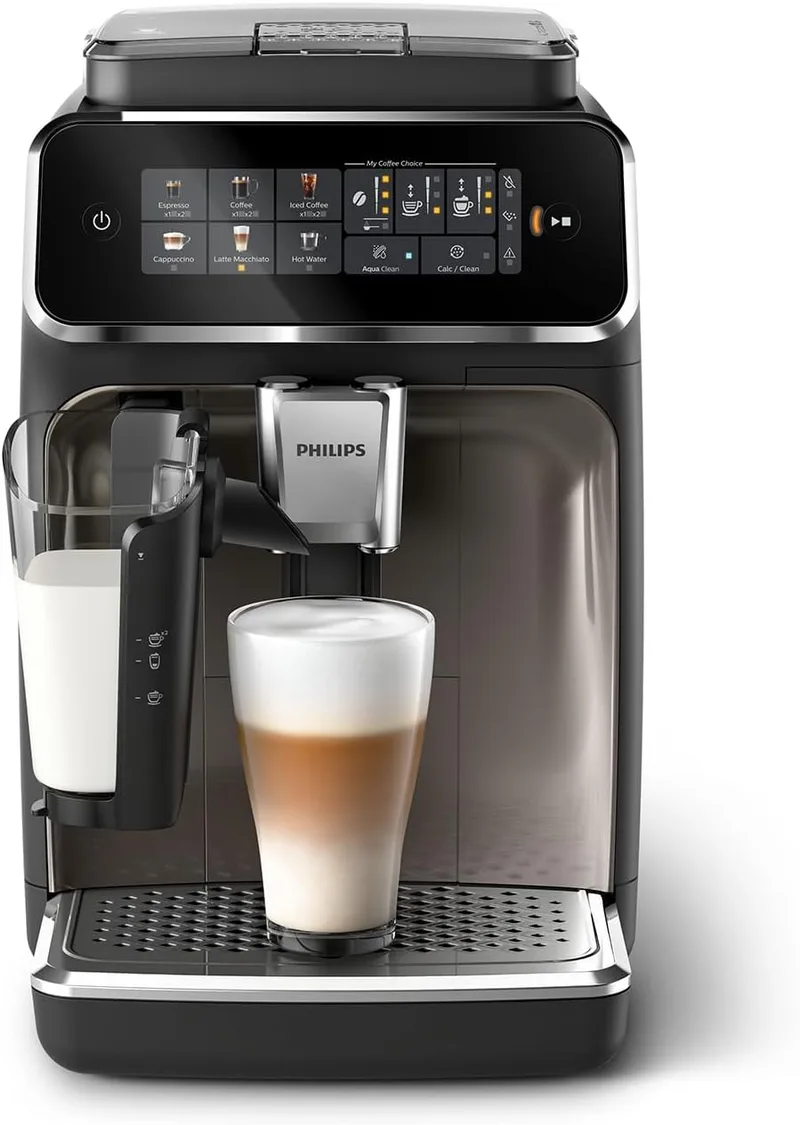 PHILIPS ▫️ Série 3300 Máquina de café superautomática - Sistema de leite LatteGo, 6 tipos de café, ecrã tátil, SilentBrew, moinho cerâmico, filtro AquaClean. Cromo preto (EP3347/90)