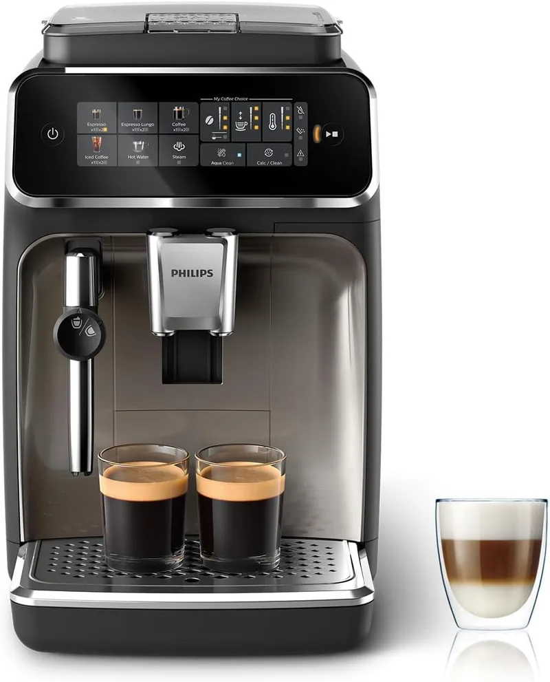 PHILIPS ▫️ Série 3300 Máquina de café superautomática, bocal de espuma de leite clássico, 5 tipos de café, SilentBrew, moinho cerâmico, ecrã tátil, cromado preto (EP3326/90)