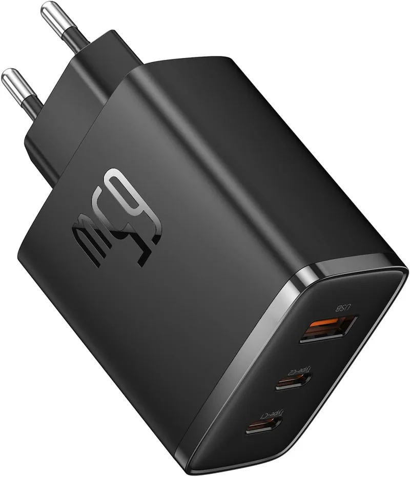 Baseus ▫️ Carregador USB-C GAN de 65 W carregador rápido multiportas com 2 portas USB-C e 1 porta USB-A, Compatível com Samsung Galaxy S23+/S22/S21/S20, iPhone 15 Pro Max/14/13/12/11, iPad Pro/Air, MacBook Air, Steam Deck