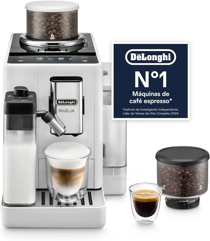 De'Longhi Rivelia - Cafeteira superautomática, jarro de leite automático LatteCrema, 16 bebidas com um só toque, ecrã tátil, depósitos de grãos intercambiáveis, branco (EXAM440.55.W)