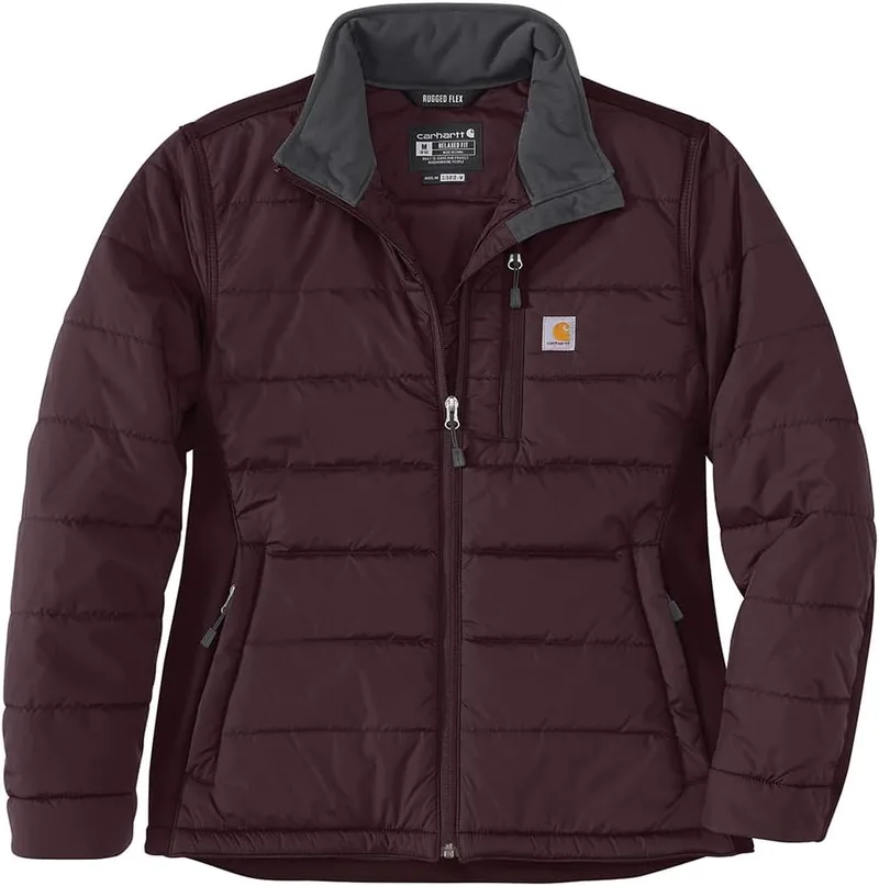 Carhartt ▫️ Casaco Rain Defender para senhora, corte descontraído, leve e com isolamento térmico, cor Mantel, Brombeere, tamanho M