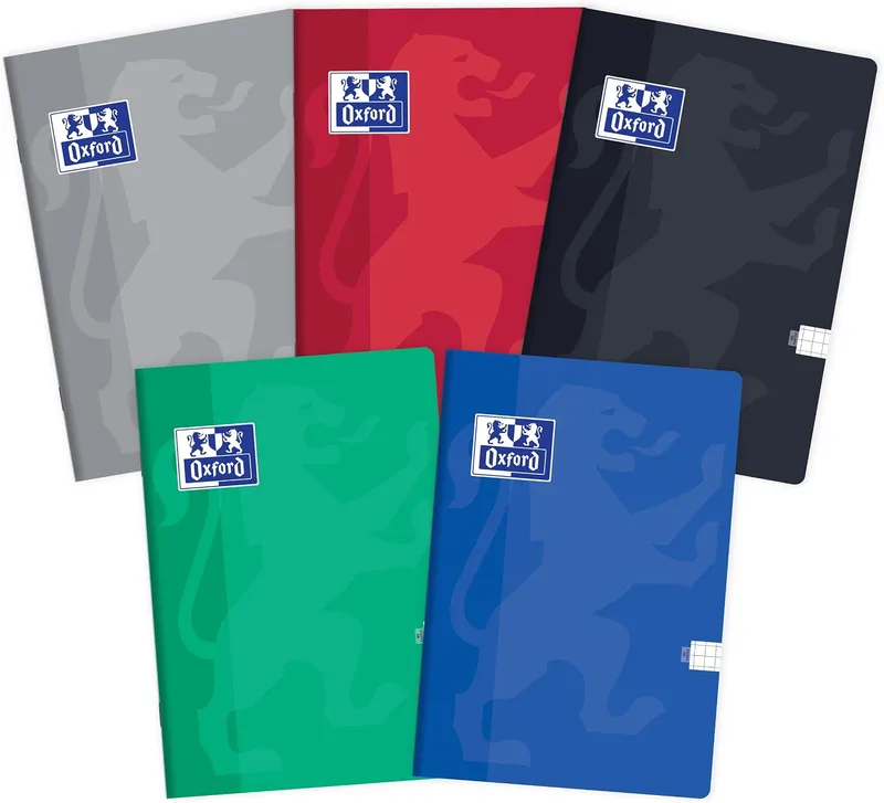 Oxford ▫️ Caderno escolar A5, 80 folhas, quadriculado, embalagem de 5 unidades, cores variadas