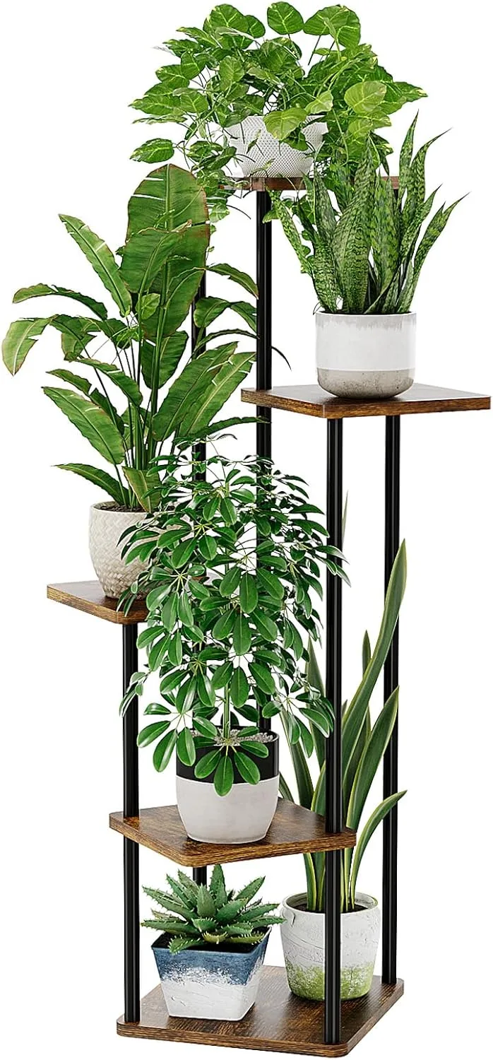 Bamworld ▫️ Suporte de canto para plantas de interior. Prateleira metálica de 5 níveis para várias plantas. Suporte alto para flores para pátio, jardim, varanda, sala de estar, quarto (castanho)
