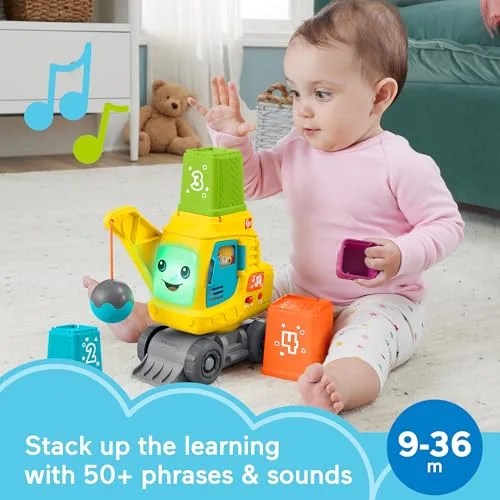 Fisher-Price ▫️ Guindaste «Conta e Empilha» – Brinquedo com luzes e sons para aprender a contar, com blocos para empilhar com números, para bebés a partir dos 9 meses, Versão: Inglês (Reino Unido); Francês; Alemão, HXF48 2