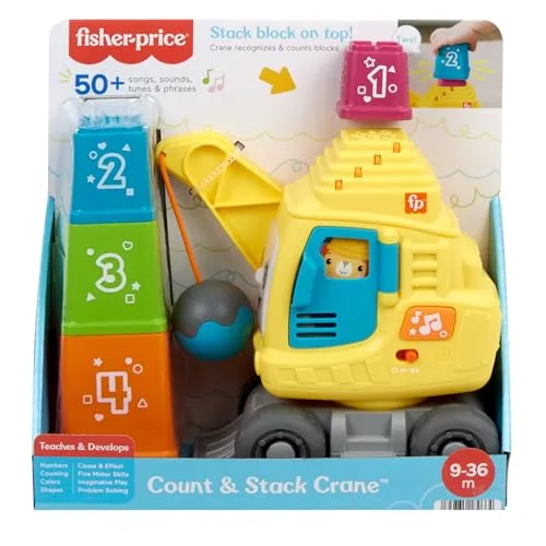 Fisher-Price ▫️ Guindaste «Conta e Empilha» – Brinquedo com luzes e sons para aprender a contar, com blocos para empilhar com números, para bebés a partir dos 9 meses, Versão: Inglês (Reino Unido); Francês; Alemão, HXF48 6