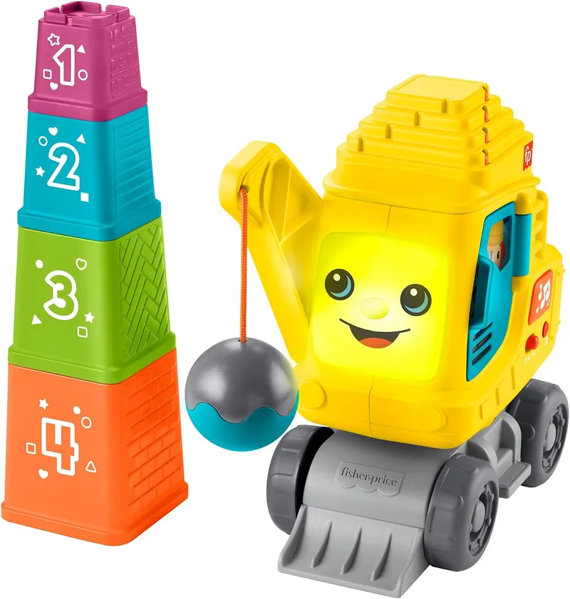 Fisher-Price ▫️ Guindaste «Conta e Empilha» – Brinquedo com luzes e sons para aprender a contar, com blocos para empilhar com números, para bebés a partir dos 9 meses, Versão: Inglês (Reino Unido); Francês; Alemão, HXF48