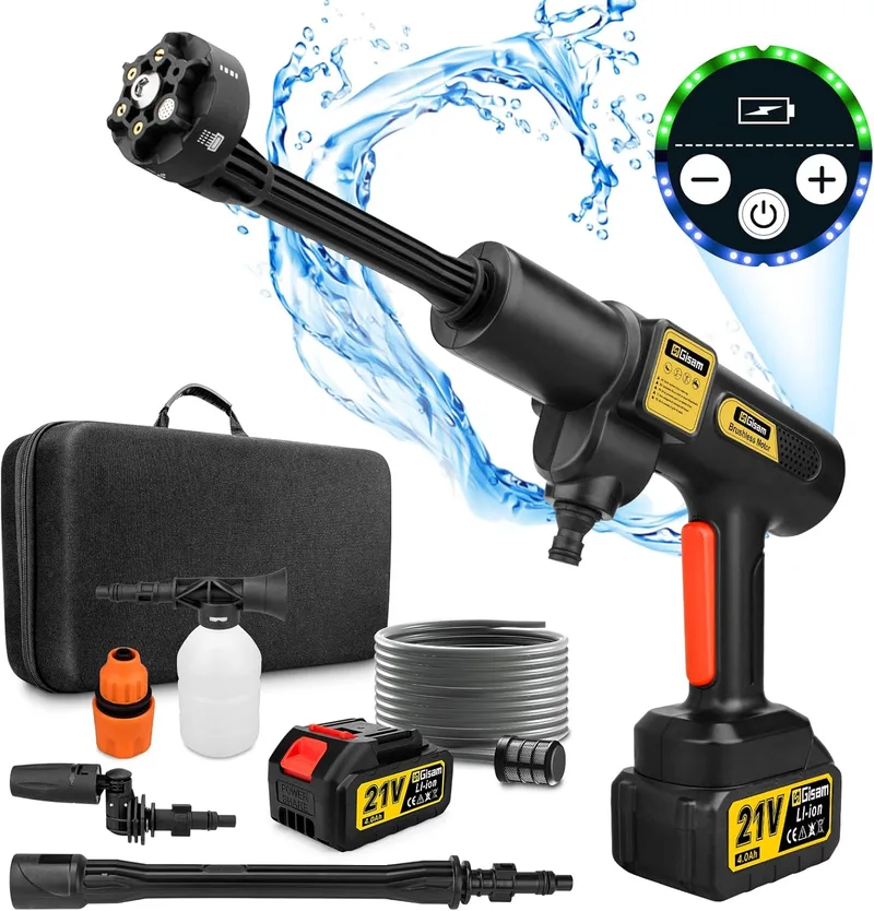 highsam ▫️ Gisam High Pressure Cleaner, Máquina de lavar a pressão portátil MAX 65 Bar com 2 pilhas de 4000mA, pulverizador de espuma, bocal multiusos 6 em 1 e bocal rotativo de 180° (Gisam-01)