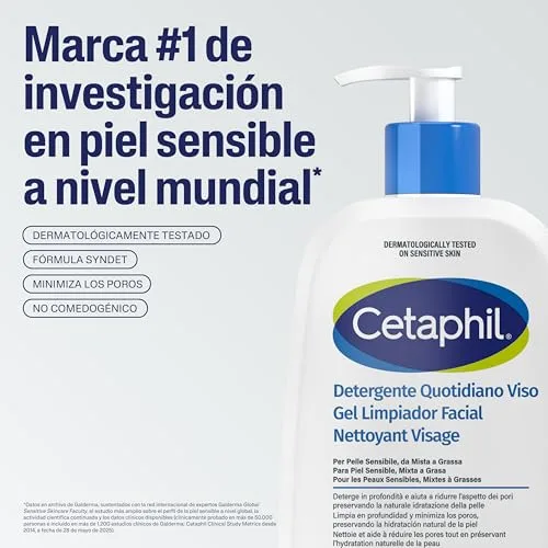 Cetaphil ▫️ Gel de Limpeza Facial ® 236 ml, para pele sensível, mista a oleosa, limpa em profundidade, remove o excesso de sebo e a maquilhagem e minimiza os poros, com niacinamida, glicerina e pantenol. 5
