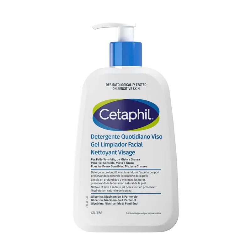 Cetaphil ▫️ Gel de Limpeza Facial ® 236 ml, para pele sensível, mista a oleosa, limpa em profundidade, remove o excesso de sebo e a maquilhagem e minimiza os poros, com niacinamida, glicerina e pantenol.