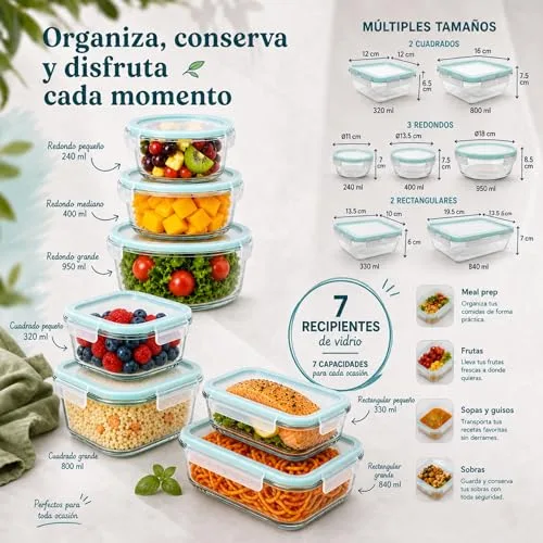 edihome ▫️ Recipientes de vidro para alimentos, 14 peças (7 recipientes + 7 tampas), para armazenamento hermético de alimentos, adequados para a máquina de lavar louça, congelador e micro-ondas, sem BPA (7 recipientes) 2