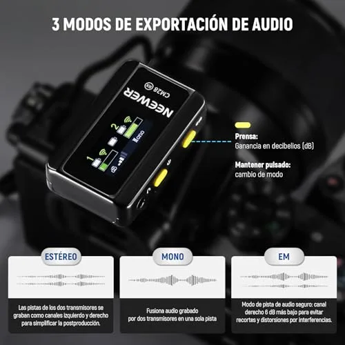 NEEWER ▫️ CM28 Microfone Lavalier Sem Fios, Supressão Inteligente de Ruído, Gravação a 48 kHz/16 bits, autonomia de 9 horas, alcance de 200 m, 4 GB de armazenamento para iPhone, Android e câmaras, 1 recetor + 2 transmissores + estojo de carregamento 3