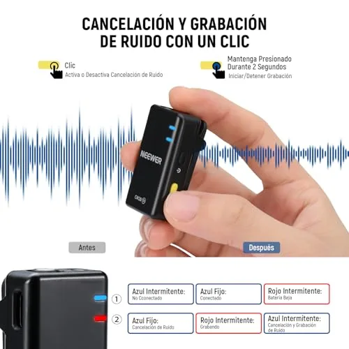NEEWER ▫️ CM28 Microfone Lavalier Sem Fios, Supressão Inteligente de Ruído, Gravação a 48 kHz/16 bits, autonomia de 9 horas, alcance de 200 m, 4 GB de armazenamento para iPhone, Android e câmaras, 1 recetor + 2 transmissores + estojo de carregamento 4