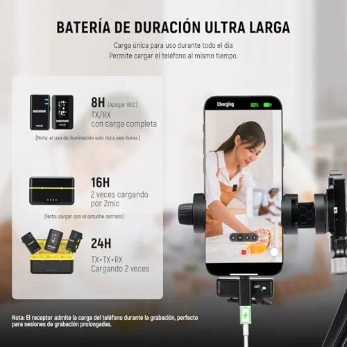 NEEWER ▫️ CM28 Microfone Lavalier Sem Fios, Supressão Inteligente de Ruído, Gravação a 48 kHz/16 bits, autonomia de 9 horas, alcance de 200 m, 4 GB de armazenamento para iPhone, Android e câmaras, 1 recetor + 2 transmissores + estojo de carregamento 6