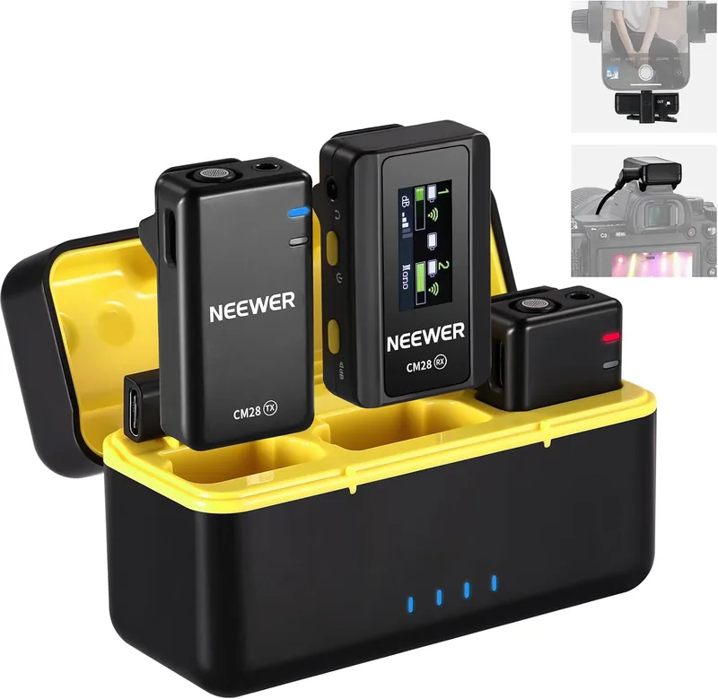 NEEWER ▫️ CM28 Microfone Lavalier Sem Fios, Supressão Inteligente de Ruído, Gravação a 48 kHz/16 bits, autonomia de 9 horas, alcance de 200 m, 4 GB de armazenamento para iPhone, Android e câmaras, 1 recetor + 2 transmissores + estojo de carregamento