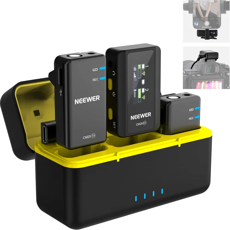 NEEWER ▫️ CM28 Microfone Lavalier Sem Fios, Supressão Inteligente de Ruído, Gravação a 48 kHz/16 bits, autonomia de 9 horas, alcance de 200 m, 4 GB de armazenamento para iPhone, Android e câmara, 1 recetor + 2 transmissores + estojo de carregamento