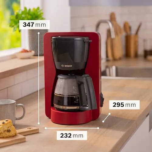 Bosch ▫️ Máquina de café de gotejamento, jarro de vidro ergonómico, reservatório de água removível, filtro removível, desligamento automático, sistema anti-gotejamento, vermelho, TKA2M114 2