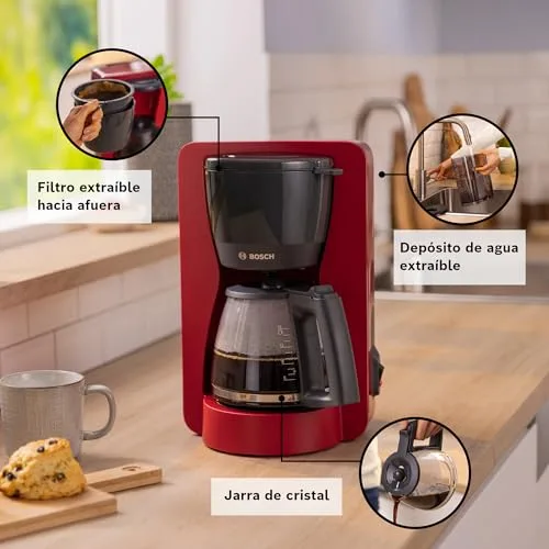 Bosch ▫️ Máquina de café de gotejamento, jarro de vidro ergonómico, reservatório de água removível, filtro removível, desligamento automático, sistema anti-gotejamento, vermelho, TKA2M114 3