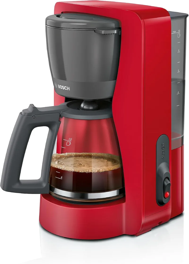 Bosch ▫️ Máquina de café de gotejamento, jarro de vidro ergonómico, reservatório de água removível, filtro removível, desligamento automático, sistema anti-gotejamento, vermelho, TKA2M114