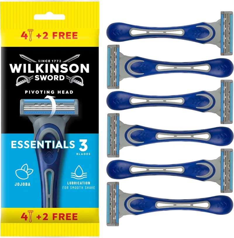 Wilkinson Sword ▫️ Extra 3 Essential - Embalagem de 4 + 2 lâminas descartáveis com uma faixa lubrificante de aloé vera - Ideais para o cuidado e a suavidade do rosto