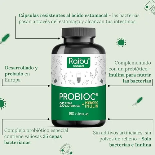 RAIBU ▫️ Probióticos e prebióticos intestinais com 25 estirpes bacterianas + inulina, 180 cápsulas - 60 mil milhões de UFC: flora intestinal completa - Lactobacillus, Bifidobacterium, concentração máxima 3