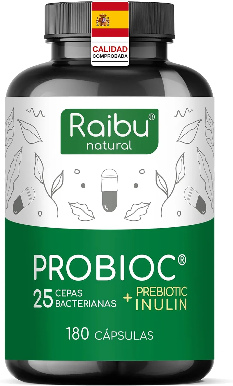 RAIBU ▫️ Probióticos e prebióticos intestinais com 25 estirpes bacterianas + inulina, 180 cápsulas - 60 mil milhões de UFC: flora intestinal completa - Lactobacillus, Bifidobacterium, concentração máxima