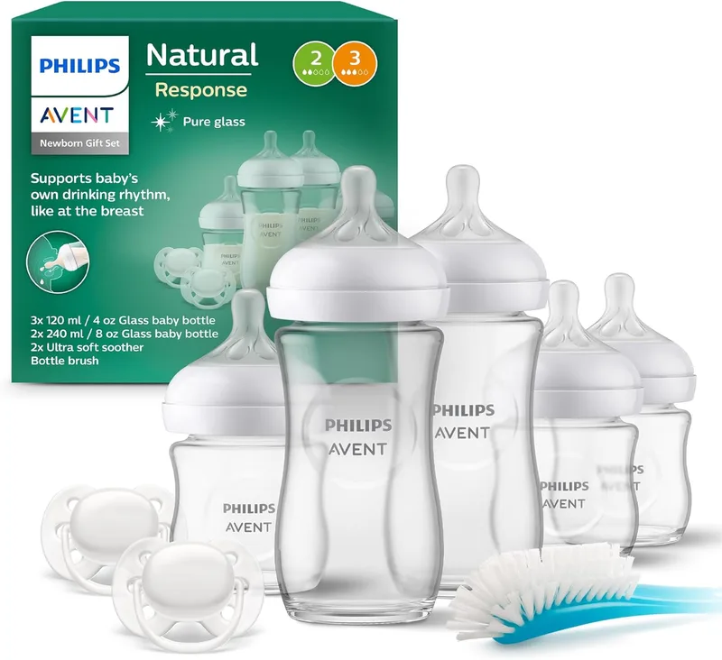PHILIPS ▫️ Avent Natural Response: 3 biberões de 120 ml e 2 de 240 ml, 2 chupetas Ultra Soft para 0-6 meses, escova, sem BPA (SCD879/11)