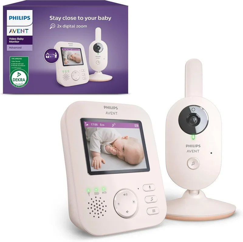 AVENT ▫️ Monitor de vídeo para bebés Philips : Certificado pela DEKRA, privado e seguro com câmara e áudio, com ecrã de 2,8", zoom de 2X, visão nocturna, áudio bidirecional e canções de embalar, SCD881/26