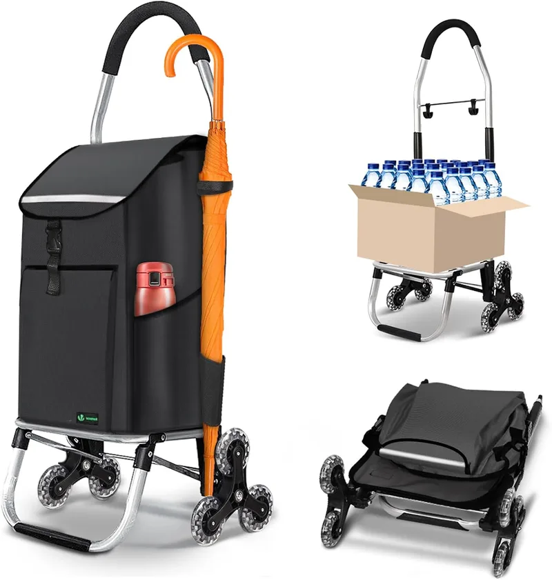 VOUNOT ▫️ ® Carrinho de compras dobrável em alumínio, carrinho de compras com 6 rodas, saco Oxford amovível e ganchos, 58 L, preto