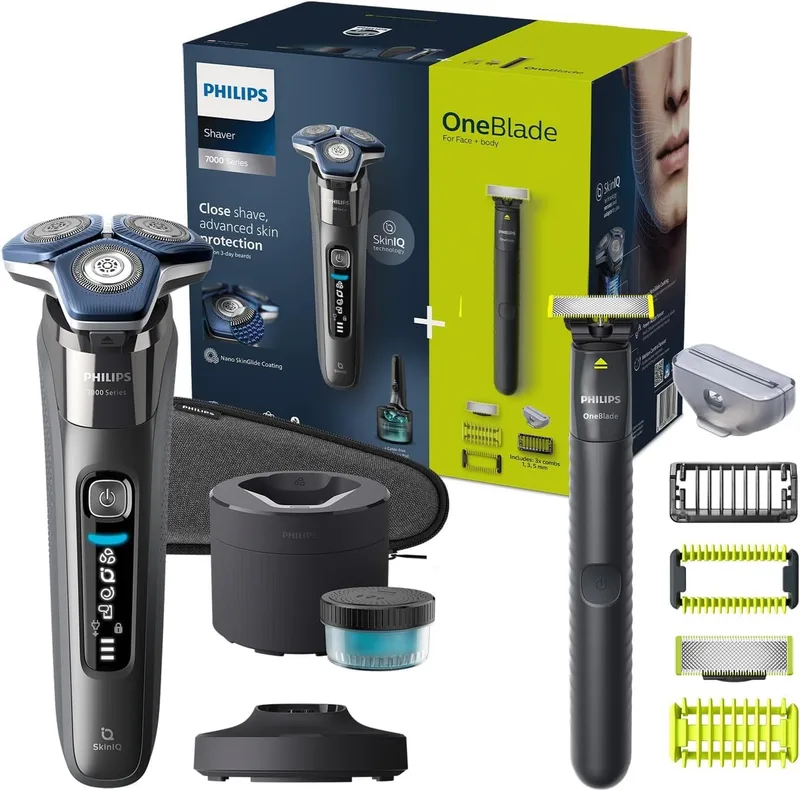 Philips ▫️ Máquina de barbear eléctrica para homem da série 7000 máquina de barbear com aparador, 60 minutos de utilização, húmida e seca, recarregável, recarregável, centro de limpeza, base de carregamento, OneBlade, estojo, S7887/78, cinzento