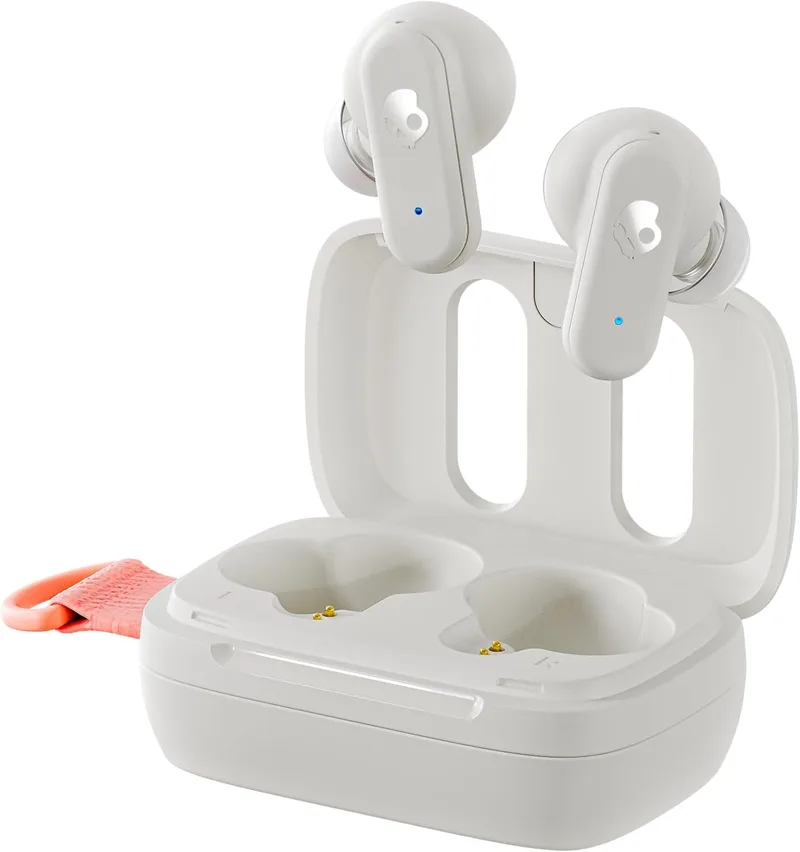 Skullcandy ▫️ Auscultadores intra-auriculares sem fios Dime 3, 20 h de autonomia da bateria, microfone, compatível com iPhone, Android e dispositivos Bluetooth - Bone/Orange Glow