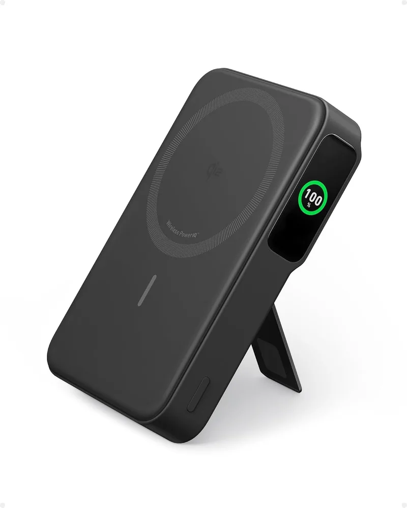 Anker ▫️ MagGo Power Bank, Bateria portátil de 10 000 mAh com Qi2, carregamento rápido magnético de 15 W, compatível com MagSafe, ecrã inteligente e suporte dobrável, para iPhone 17/16/15/14/13/12 (Inclui cabo USB-C)