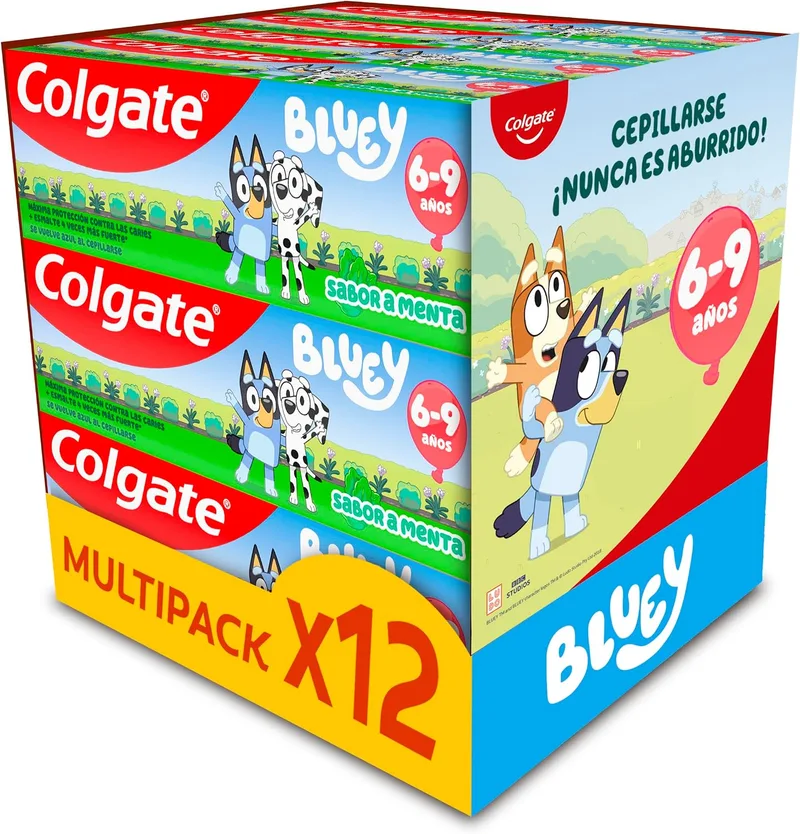 Colgate ▫️ Pasta de dentes Kids Bluey com flúor para crianças - Embalagem de 12 x 50 ml - Sabor a menta, a partir dos 6 anos - Máxima proteção contra a cárie - Esmalte 4 vezes mais resistente*